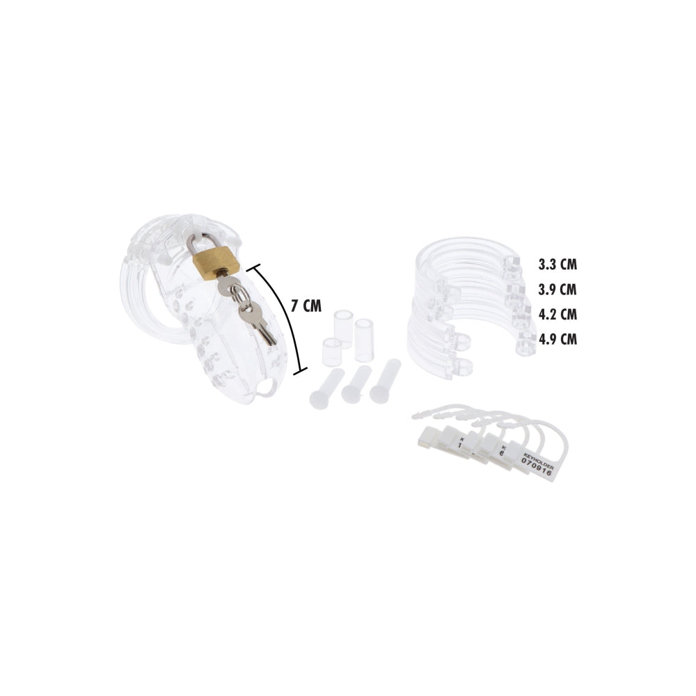 Cusca BDSM Castitate Pentru Penis Transparenta 7.6 cm - din acril pentru control maxim asupra erectiei si a orgasmului - mecanism de blocare sigur - design reglabil pentru orice dimensiune de penis