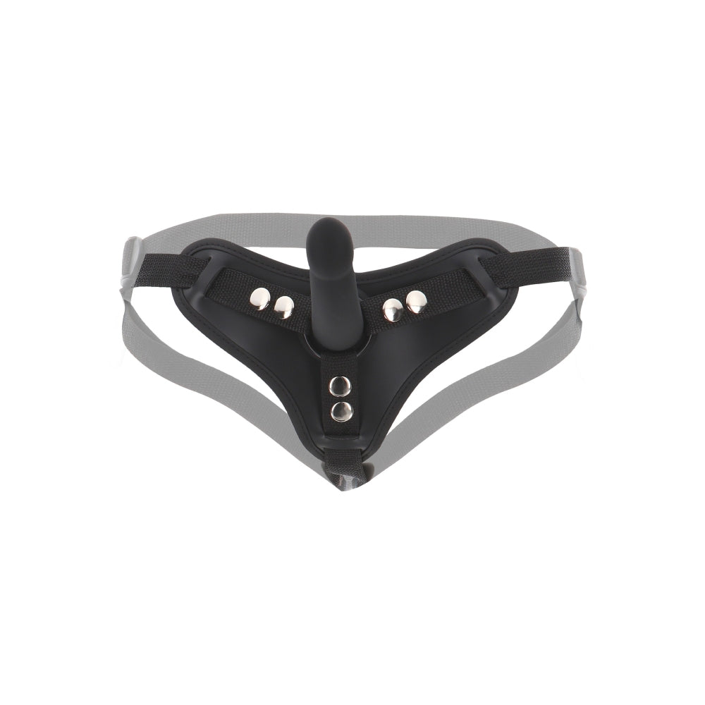 Curea Strap-on cu Dildo Mic Detasabil - Negru, 12.5 cm - Ham cu pernute frontale si posterioare pentru confort - include doua inele de dimensiuni diferite pentru compatibilitate versatila