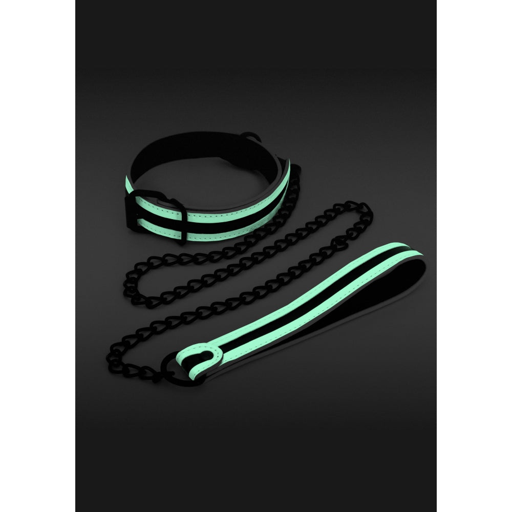 Zgarda - Lesa Bondage NS Novelties GLO - zgarda captusita alb fosforescent si lesa detasabila din metal - zgarda ajustabila - ideal pentru incepatori si entuziasti