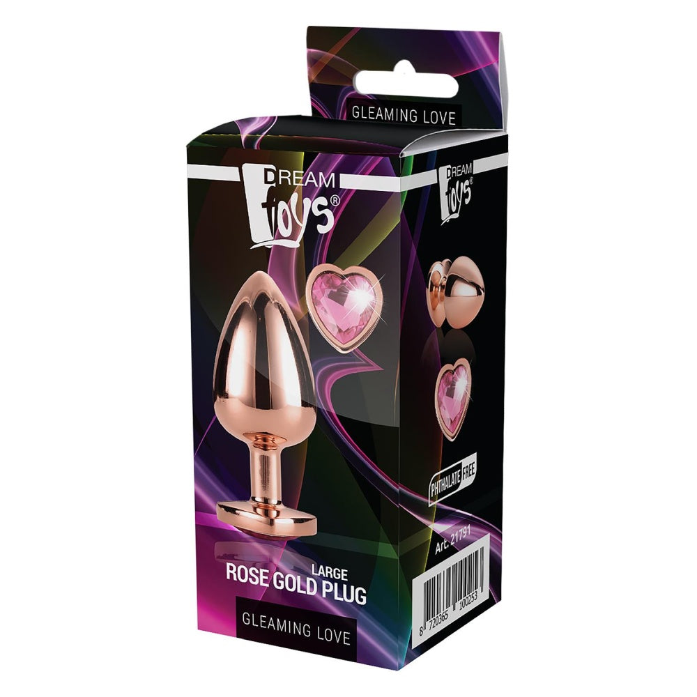 Dop Anal Gleaming Love Rose Gold Butt Plug, Large, cu bijuterie roz in forma de inima