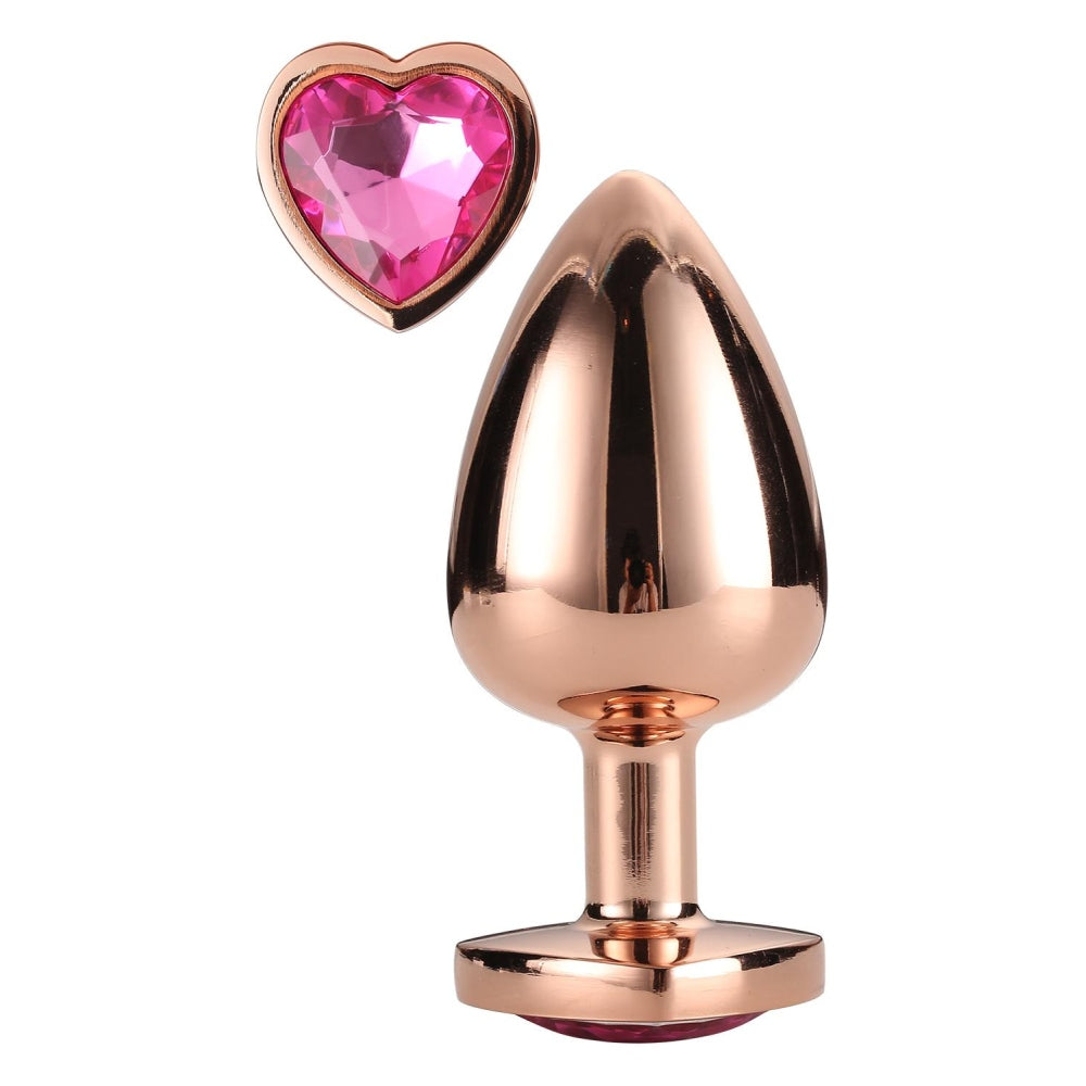 Dop Anal Gleaming Love Rose Gold Butt Plug, Large, cu bijuterie roz in forma de inima