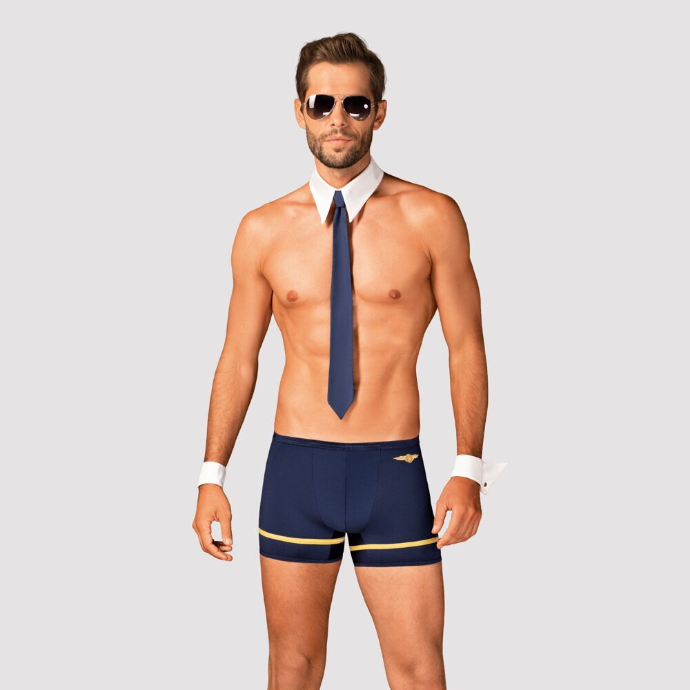Costum 4 Piese Sexy Pilot pentru Barbati - boxeri, guler cu cravata, mansete si ochelari de soare - ideal pentru jocuri de role play in cuplu