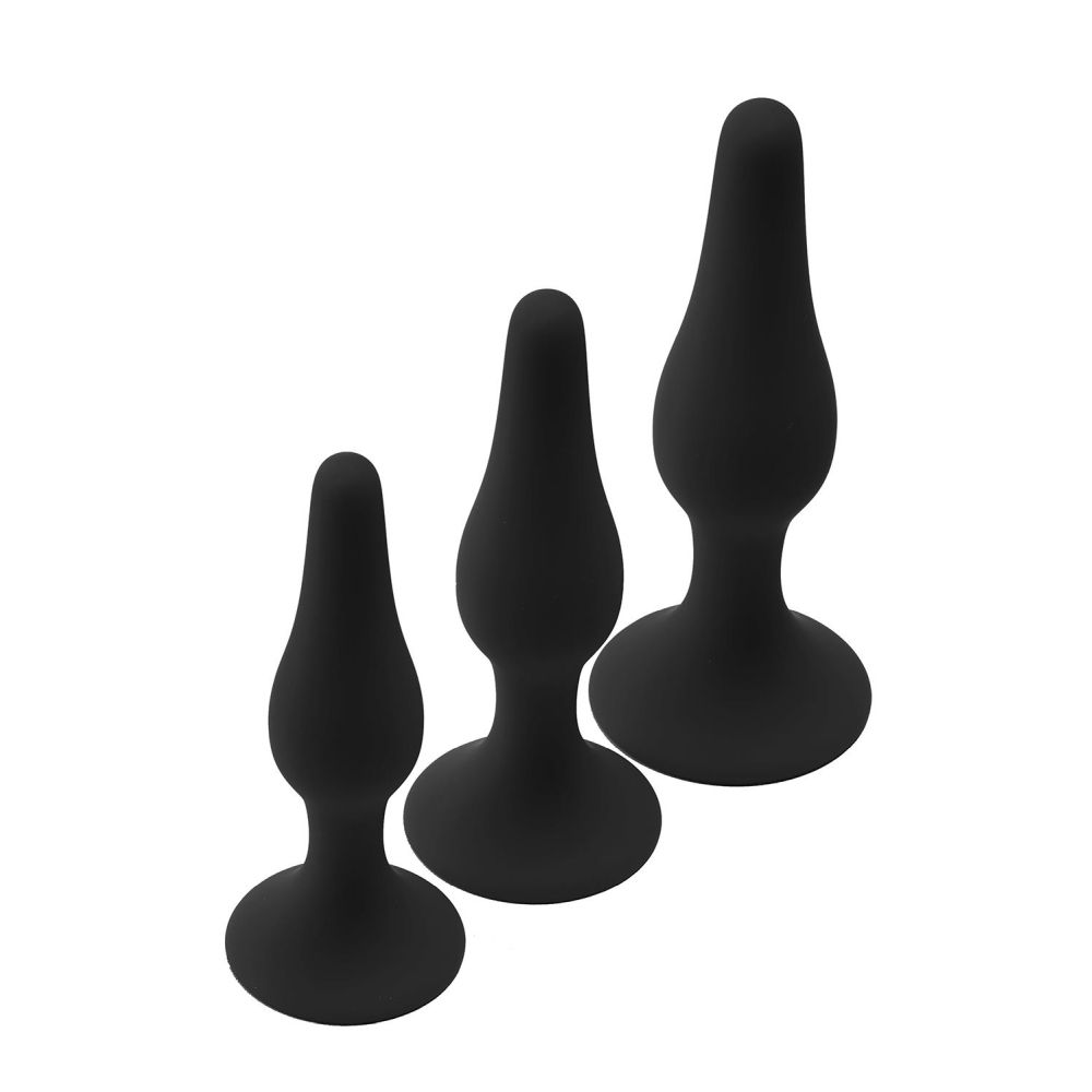 Set Dopuri Anale Fantasstic Anal Training Kit - Negru, 3 Marimi graduale - Baza cu ventuza pentru utilizare hands-free - Material din Silicon moale si neted