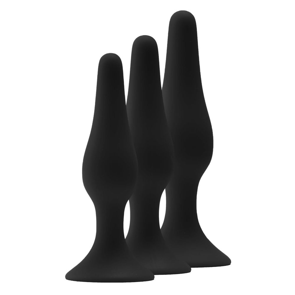 Set Dopuri Anale Fantasstic Anal Training Kit - Negru, 3 Marimi graduale - Baza cu ventuza pentru utilizare hands-free - Material din Silicon moale si neted
