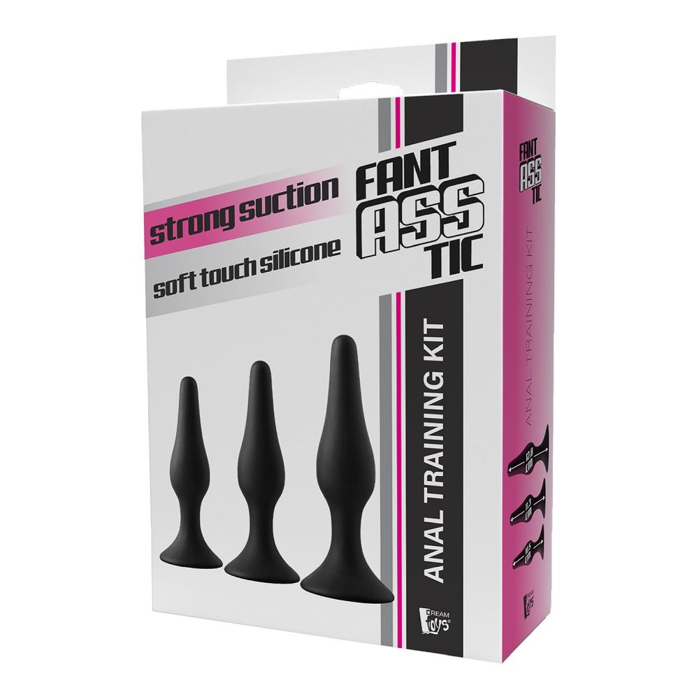 Set Dopuri Anale Fantasstic Anal Training Kit - Negru, 3 Marimi graduale - Baza cu ventuza pentru utilizare hands-free - Material din Silicon moale si neted