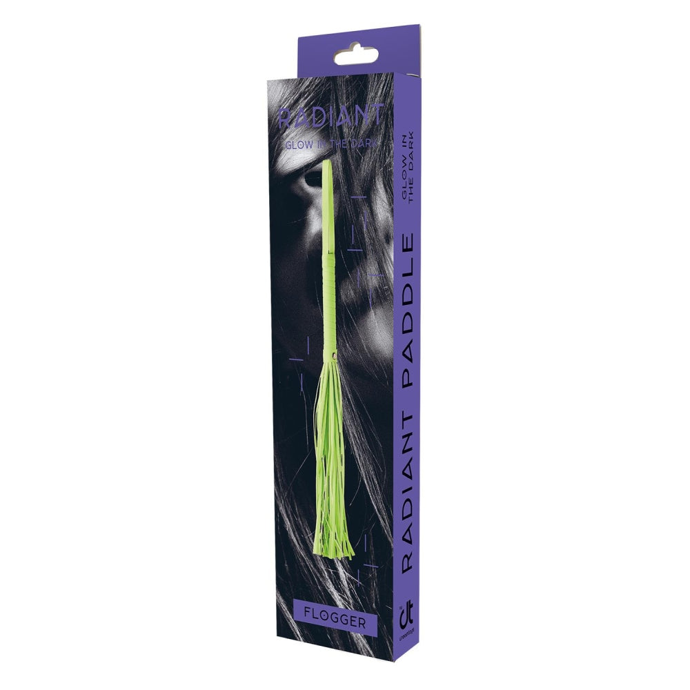 Flogger Bici Fosforescent BDSM/Fetis Dream Toys Radiant cu Franjuri din Piele Ecologica, Maner Solid si Snur de Prindere, 30 cm Lungime, pentru Cupluri