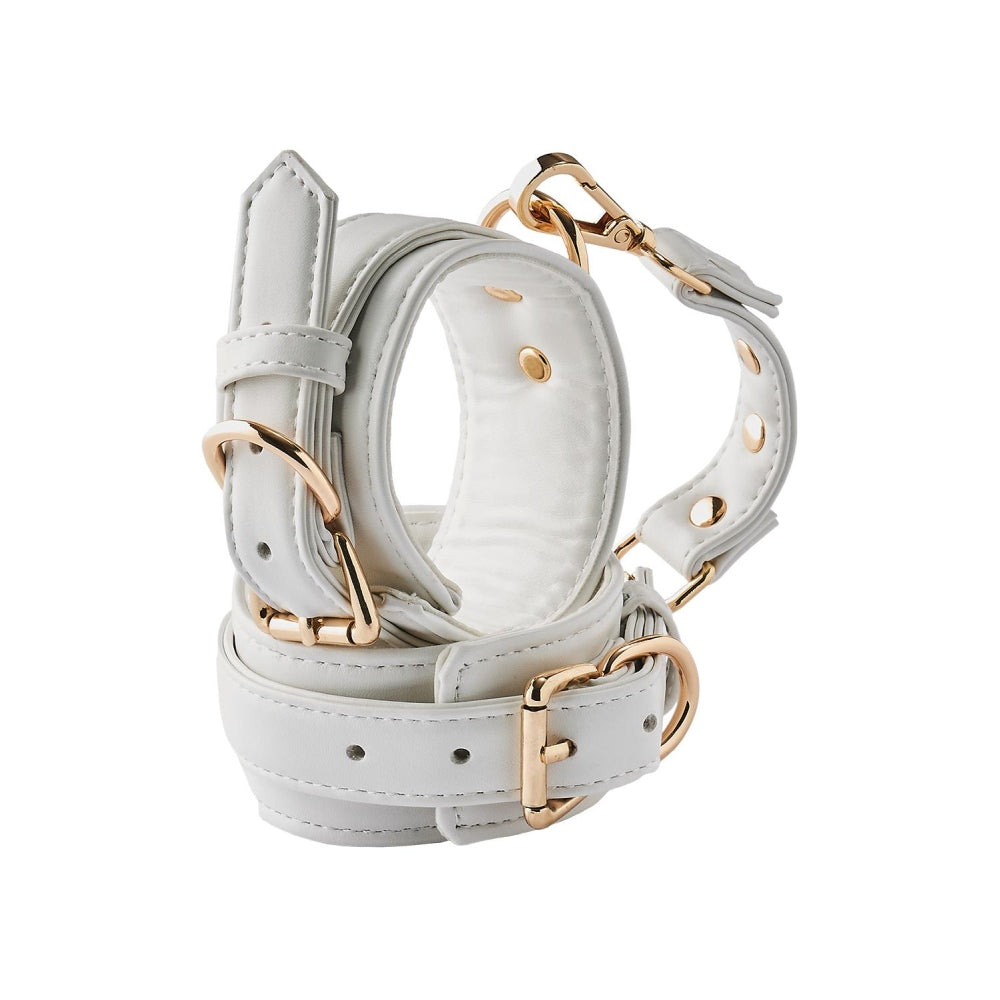 Catuse BDSM Bondage albe din piele artificiala cu lant detasabil 10 cm si detalii aurii, ajustabile pentru jocuri Bondage