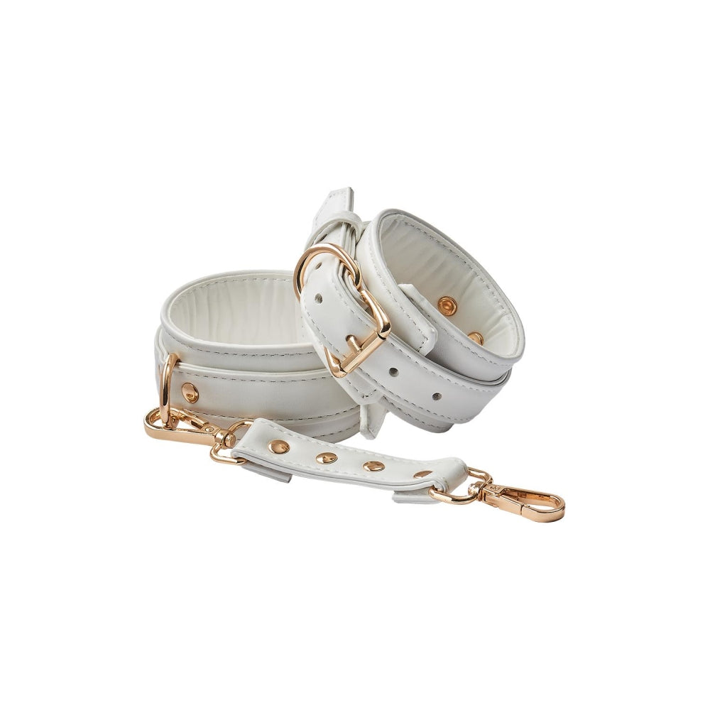 Catuse BDSM Bondage albe din piele artificiala cu lant detasabil 10 cm si detalii aurii, ajustabile pentru jocuri Bondage