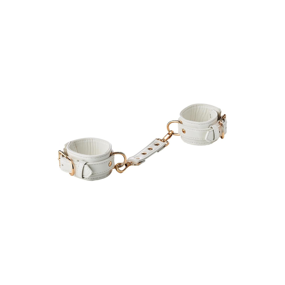 Catuse BDSM Bondage albe din piele artificiala cu lant detasabil 10 cm si detalii aurii, ajustabile pentru jocuri Bondage