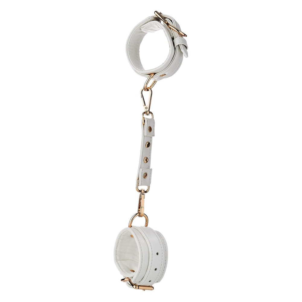 Catuse BDSM Bondage albe din piele artificiala cu lant detasabil 10 cm si detalii aurii, ajustabile pentru jocuri Bondage