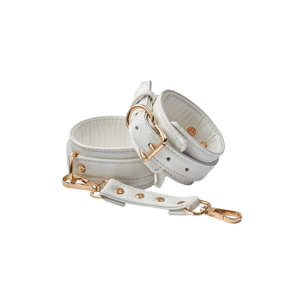 Catuse BDSM Bondage pentru glezne albe din piele artificiala cu lant detasabil si detalii metalice aurii, ajustabile