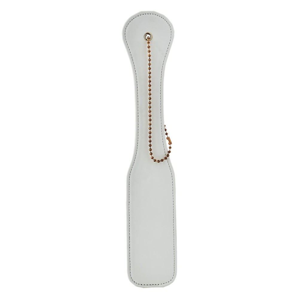 Paleta spanking BDSM Fetis piele ecologica alba, flexibila cu bucla aurie, 32 cm pentru jocuri erotice