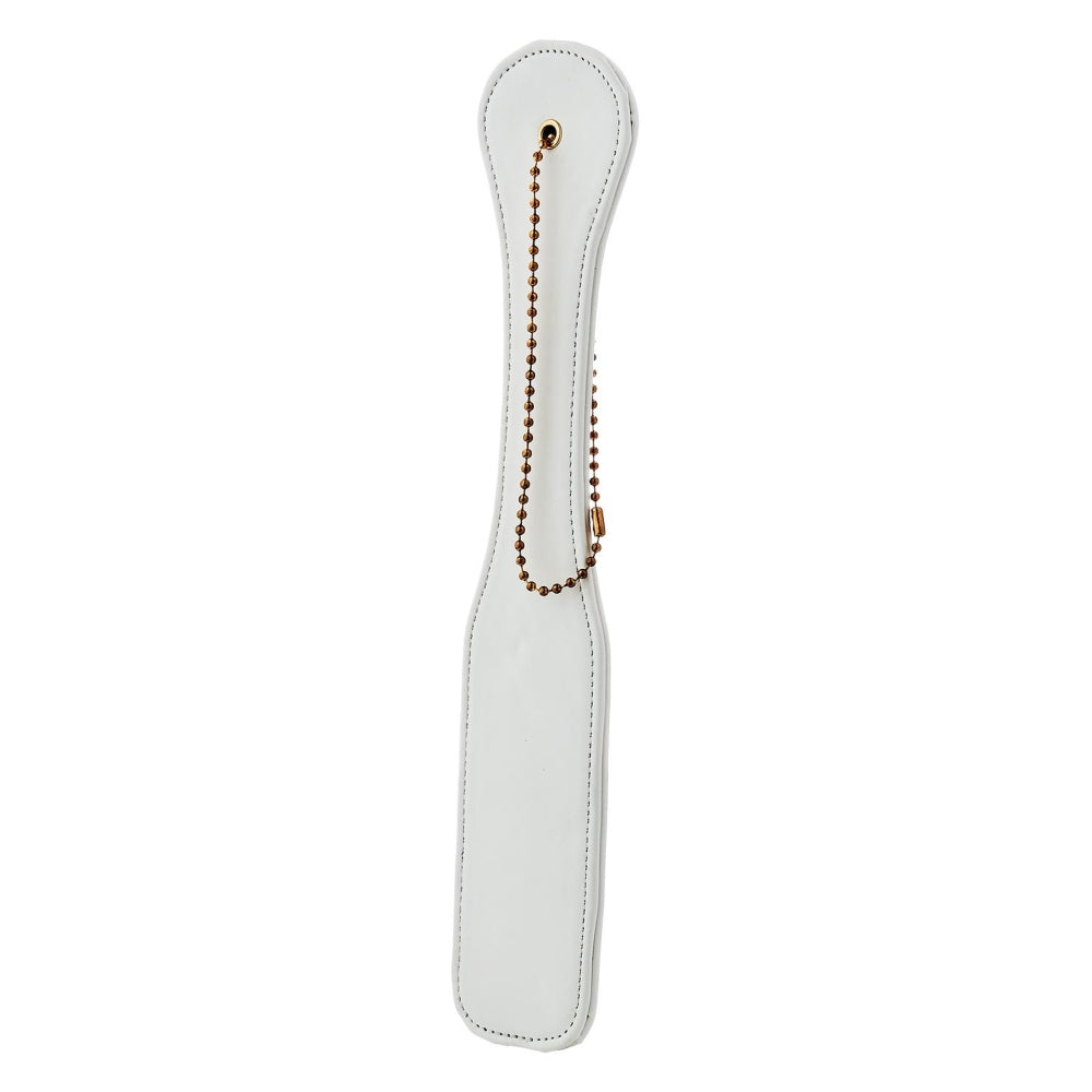 Paleta spanking BDSM Fetis piele ecologica alba, flexibila cu bucla aurie, 32 cm pentru jocuri erotice