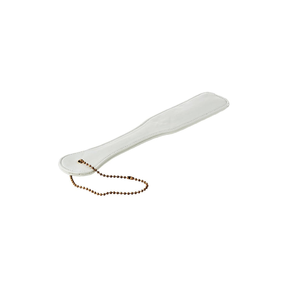 Paleta spanking BDSM Fetis piele ecologica alba, flexibila cu bucla aurie, 32 cm pentru jocuri erotice