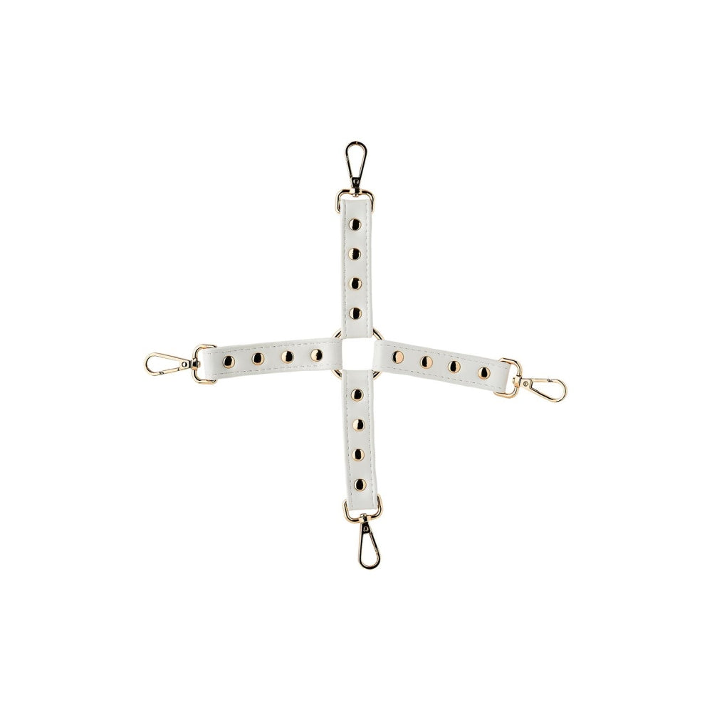 Catusa BDSM Bondage Hogtie din Piele Ecologica Alba cu Detalii Metalice Aurii si Carabiniere – Accesoriu pentru Imobilizare Maini si Picioare
