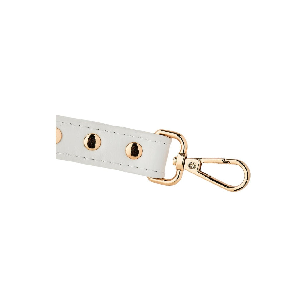Catusa BDSM Bondage Hogtie din Piele Ecologica Alba cu Detalii Metalice Aurii si Carabiniere – Accesoriu pentru Imobilizare Maini si Picioare