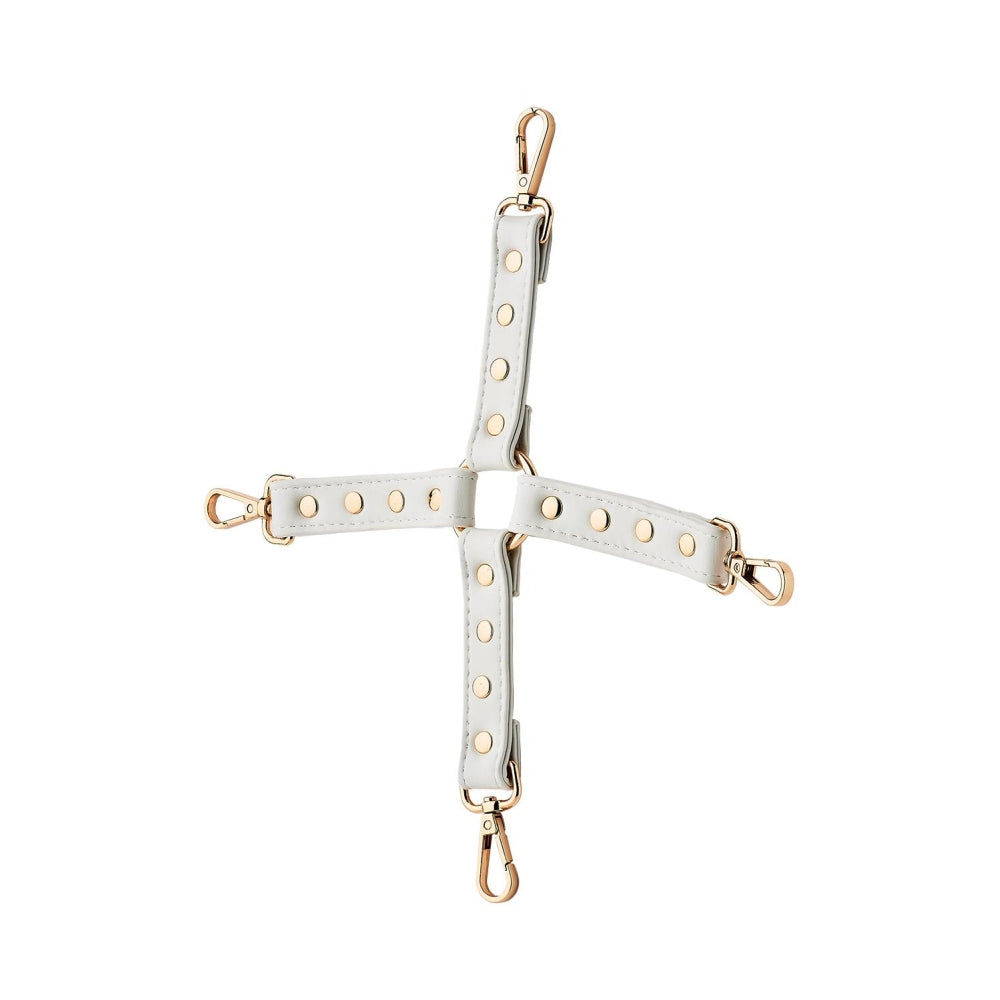 Catusa BDSM Bondage Hogtie din Piele Ecologica Alba cu Detalii Metalice Aurii si Carabiniere – Accesoriu pentru Imobilizare Maini si Picioare