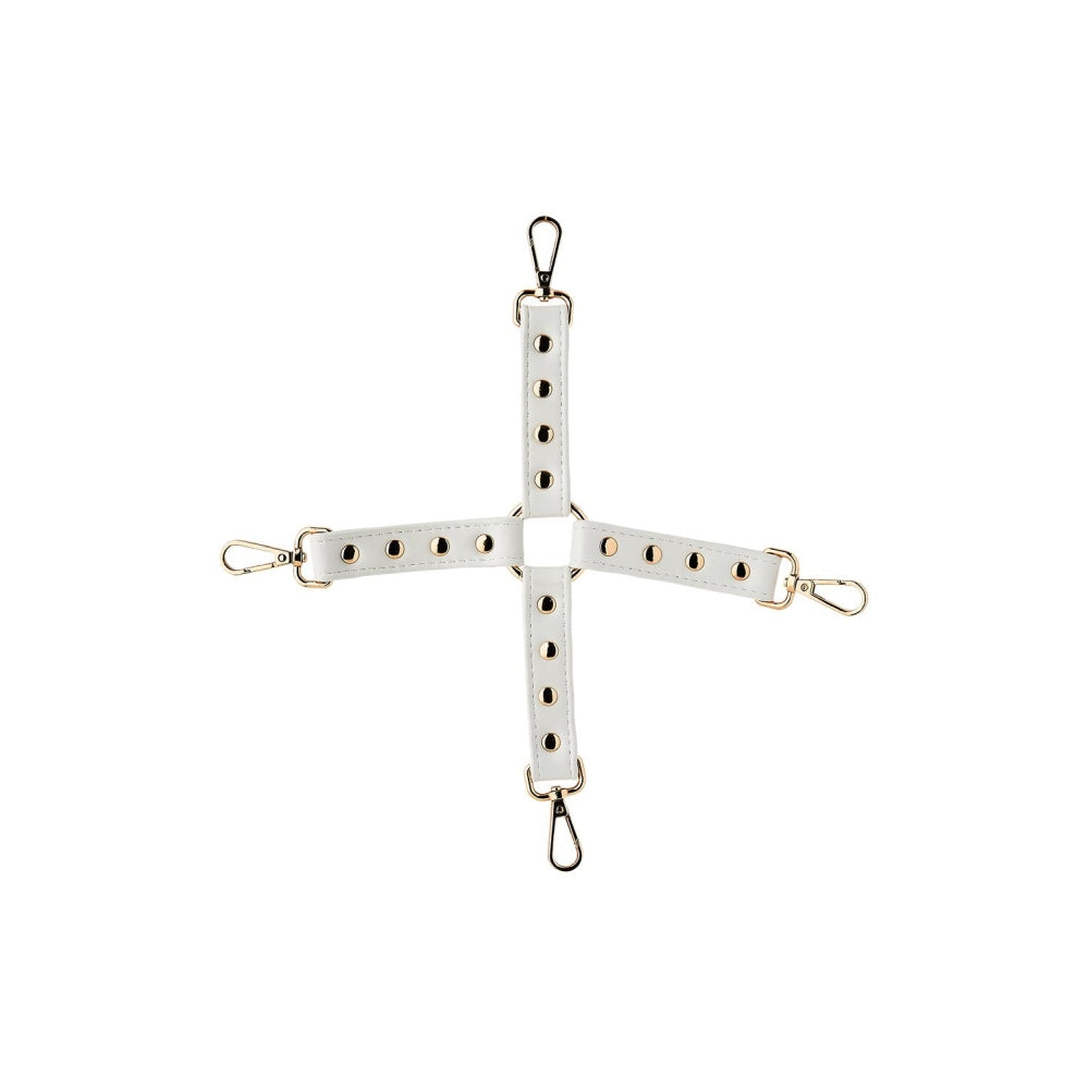 Catusa BDSM Bondage Hogtie din Piele Ecologica Alba cu Detalii Metalice Aurii si Carabiniere – Accesoriu pentru Imobilizare Maini si Picioare