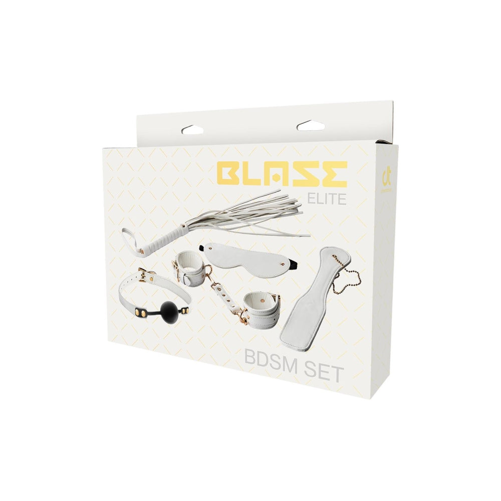 Set BDSM Blaze Elite 5 Bucati, Alb, cu catuse, bici, paleta, masca, si calus
