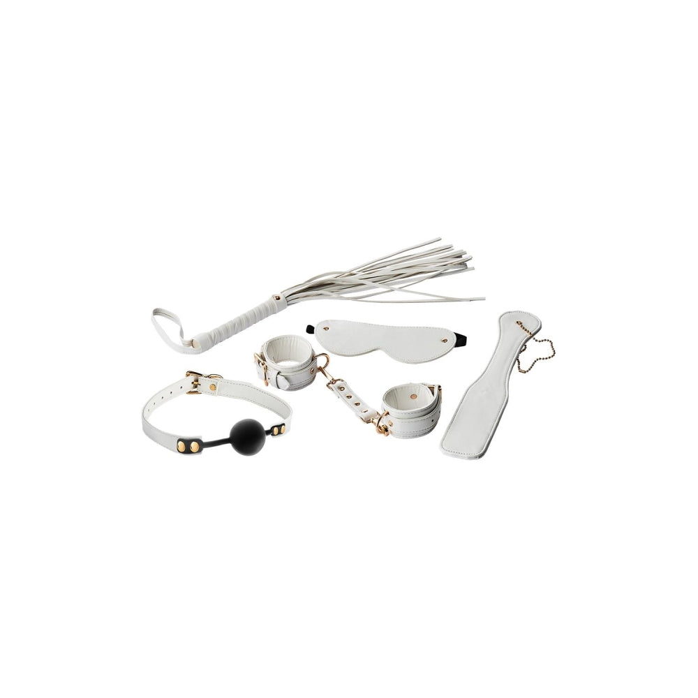 Set BDSM Blaze Elite 5 Bucati, Alb, cu catuse, bici, paleta, masca, si calus