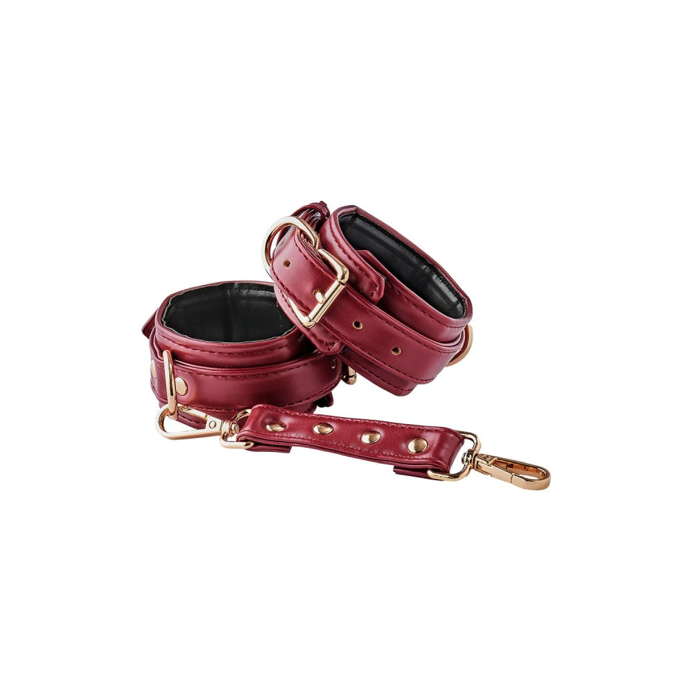 Catuse BDSM Bondage glezne piele ecologica rosie cu lant detasabil si detalii aurii fara nichel