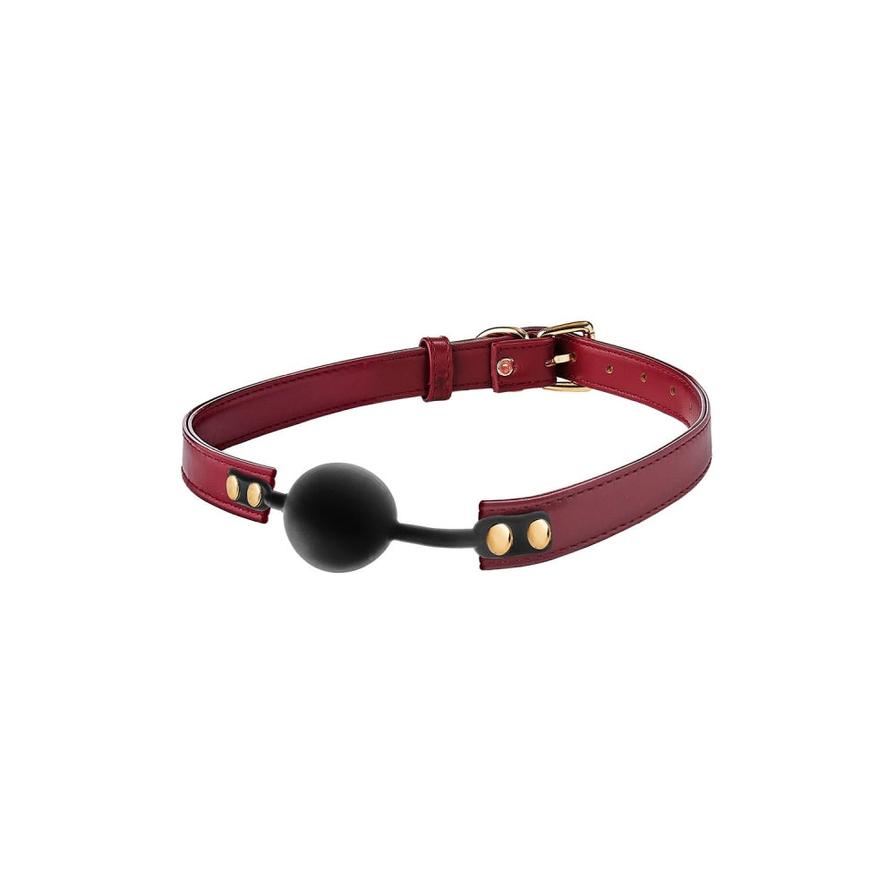 Ball gag BDSM reglabil din piele ecologica rosie cu bila din silicon 4.7 cm pentru jocuri bondage