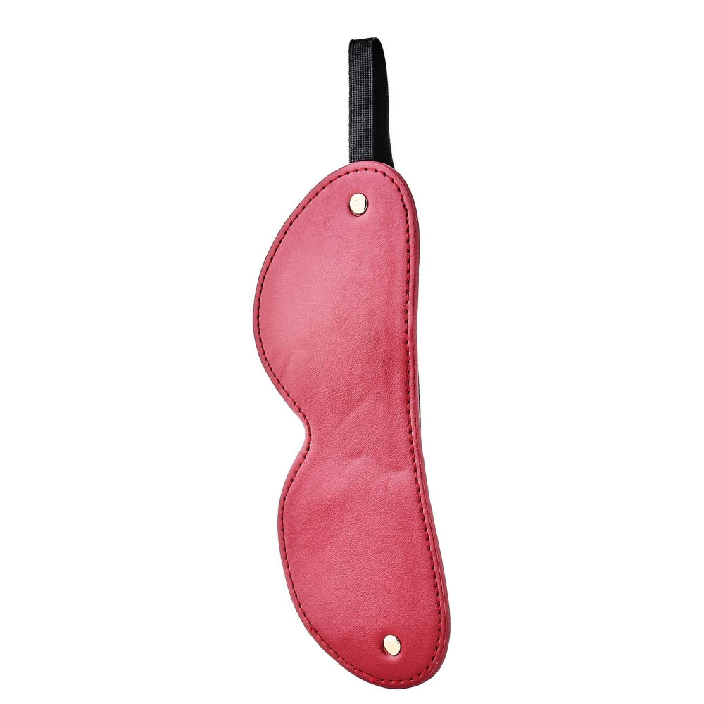 Masca de ochi rosie BDSM din piele artificiala cu detalii aurii si curea elastica ajustabila