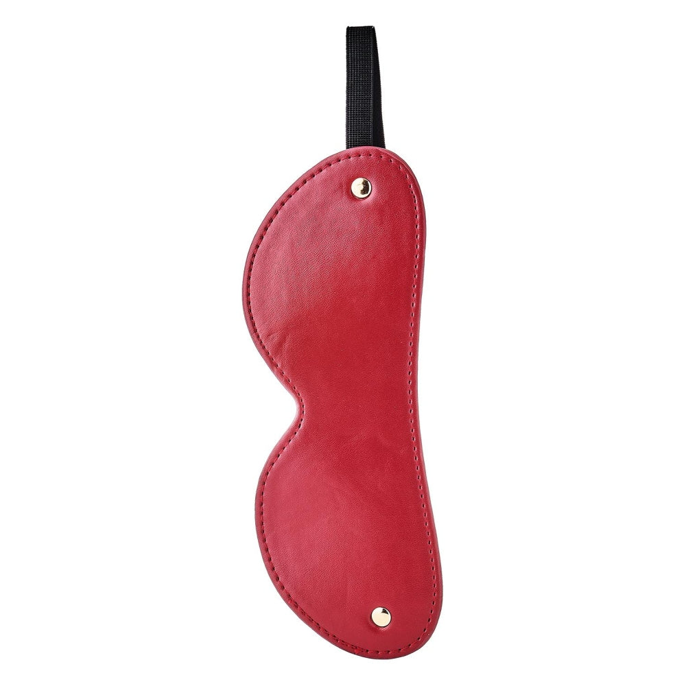 Masca de ochi rosie BDSM din piele artificiala cu detalii aurii si curea elastica ajustabila