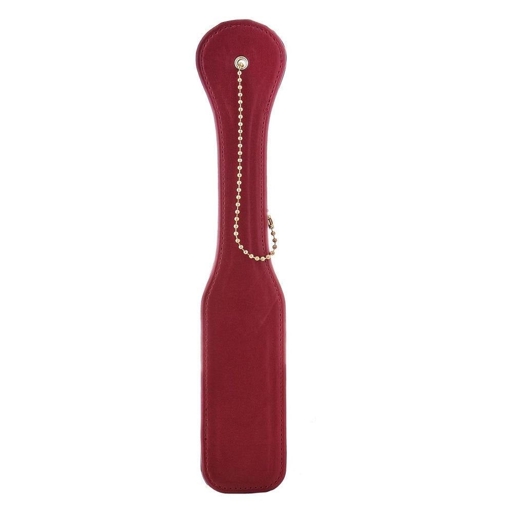 Paleta BDSM Spanking Blaze Elite – Piele Artificiala Rosie, Flexibila, cu Snur Auriu pentru Prindere, 32 cm