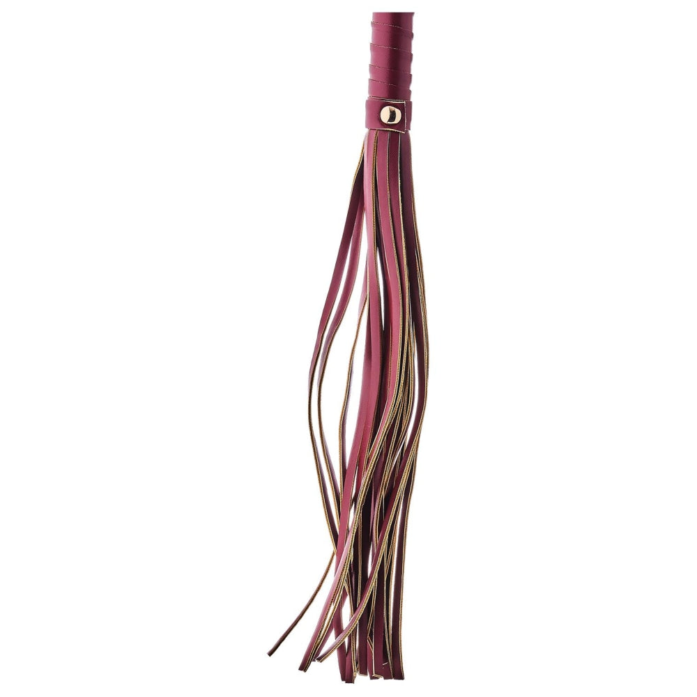 Flogger BDSM Fetis piele artificiala rosie, franjuri 30 cm, maner robust, accesorii bondage