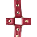 Catusa Hogtie BDSM Bondage Piele Artificiala Rosie cu Detalii Metalice Aurii - Accesorii pentru Fixarea Mainilor si Picioarelor