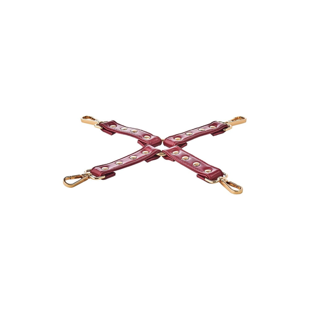 Catusa Hogtie BDSM Bondage Piele Artificiala Rosie cu Detalii Metalice Aurii - Accesorii pentru Fixarea Mainilor si Picioarelor