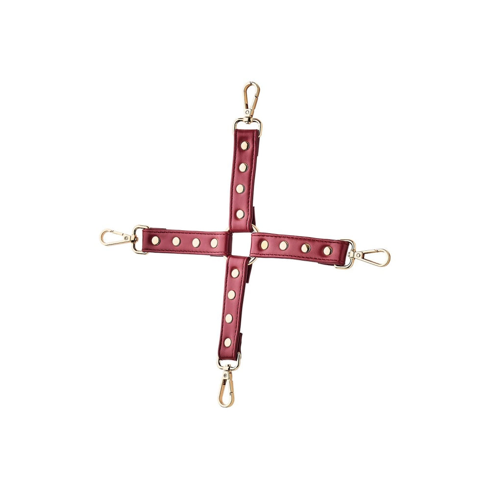 Catusa Hogtie BDSM Bondage Piele Artificiala Rosie cu Detalii Metalice Aurii - Accesorii pentru Fixarea Mainilor si Picioarelor