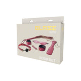 Set BDSM Fetis 5 piese din piele artificiala rosie cu curele reglabile, botnita, catuse, masca, paddle si flogger bici