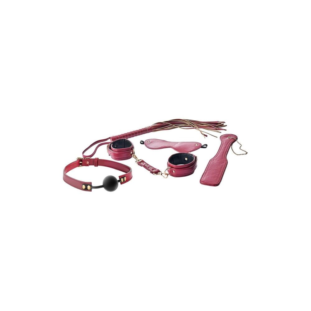 Set BDSM Fetis 5 piese din piele artificiala rosie cu curele reglabile, botnita, catuse, masca, paddle si flogger bici