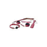 Set BDSM Fetis 5 piese din piele artificiala rosie cu curele reglabile, botnita, catuse, masca, paddle si flogger bici