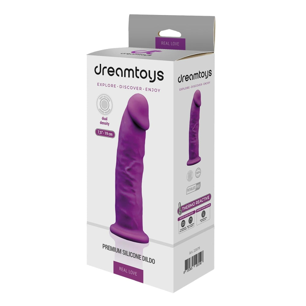 Dildo Realist Premium din Silicon cu Dubla Densitate, 19 cm, Baza cu Ventuza Puternica si Proprietati Termo-Reactive – Jucarie Sexuala pentru Placere Autentica, Mov
