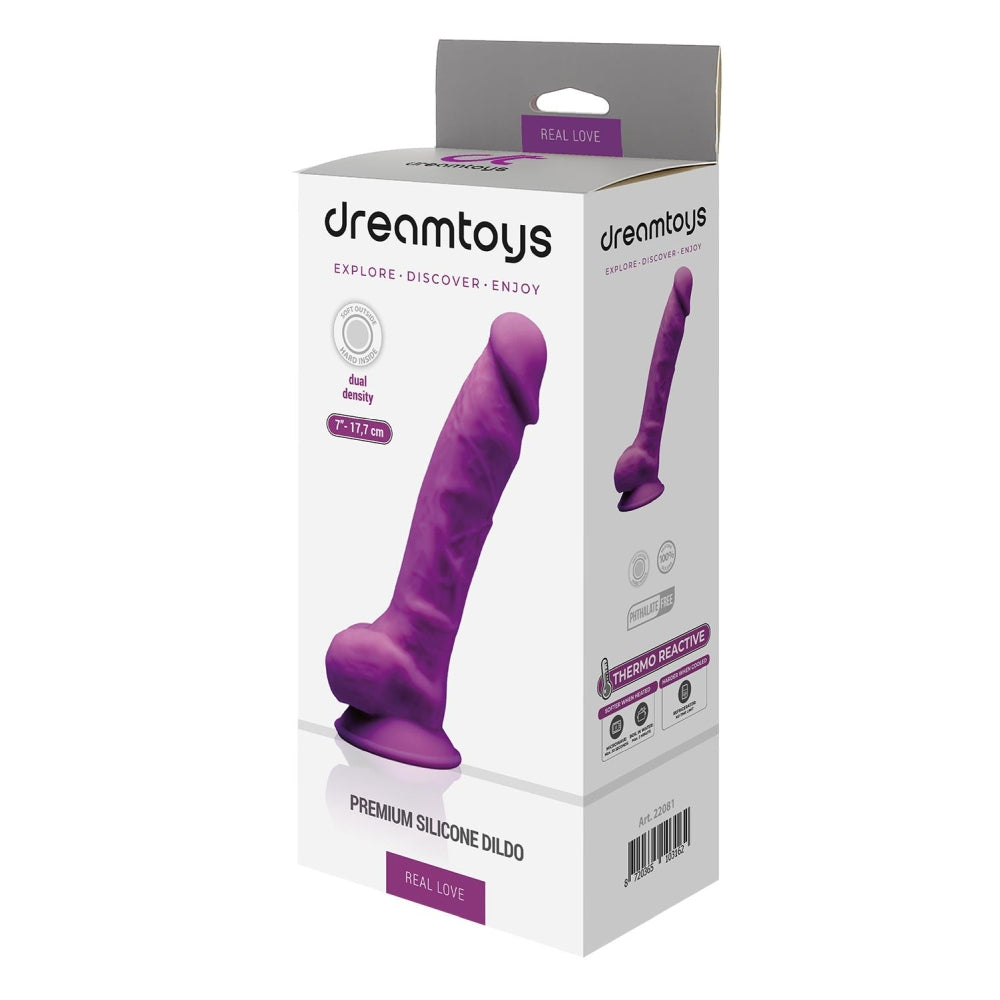 Dildo Realist Premium din Silicon cu Dubla Densitate, cu Testicule, 18 cm, Baza cu Ventuza Puternica si Proprietati Termo-Reactive – Jucarie Sexuala pentru Placere Autentica, Mov