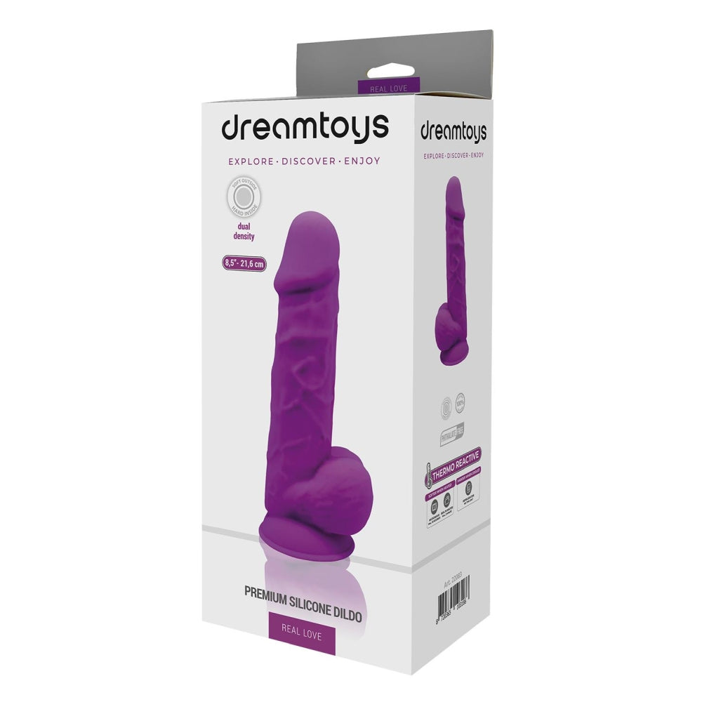 Dildo Realist Premium din Silicon cu Dubla Densitate, cu Testicule, 21.6 cm, Baza cu Ventuza Puternica si Proprietati Termo-Reactive – Jucarie Sexuala pentru Placere Autentica, Mov
