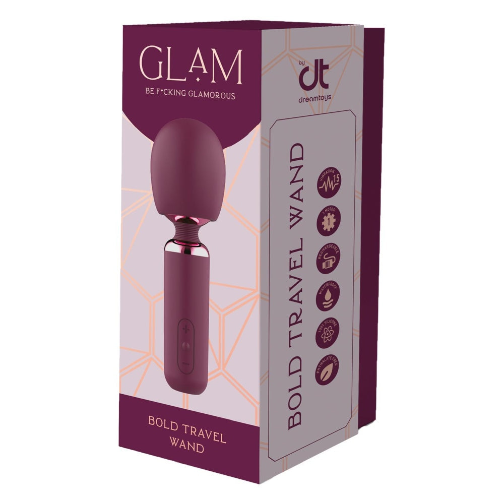 Vibrator Wand Dreamtoys TraveSize Glam Bold, ideal pentru calatorii, mov, 18 cm, 5 Moduri Vibratii, 3 Moduri Vitera, Reincarcabil
