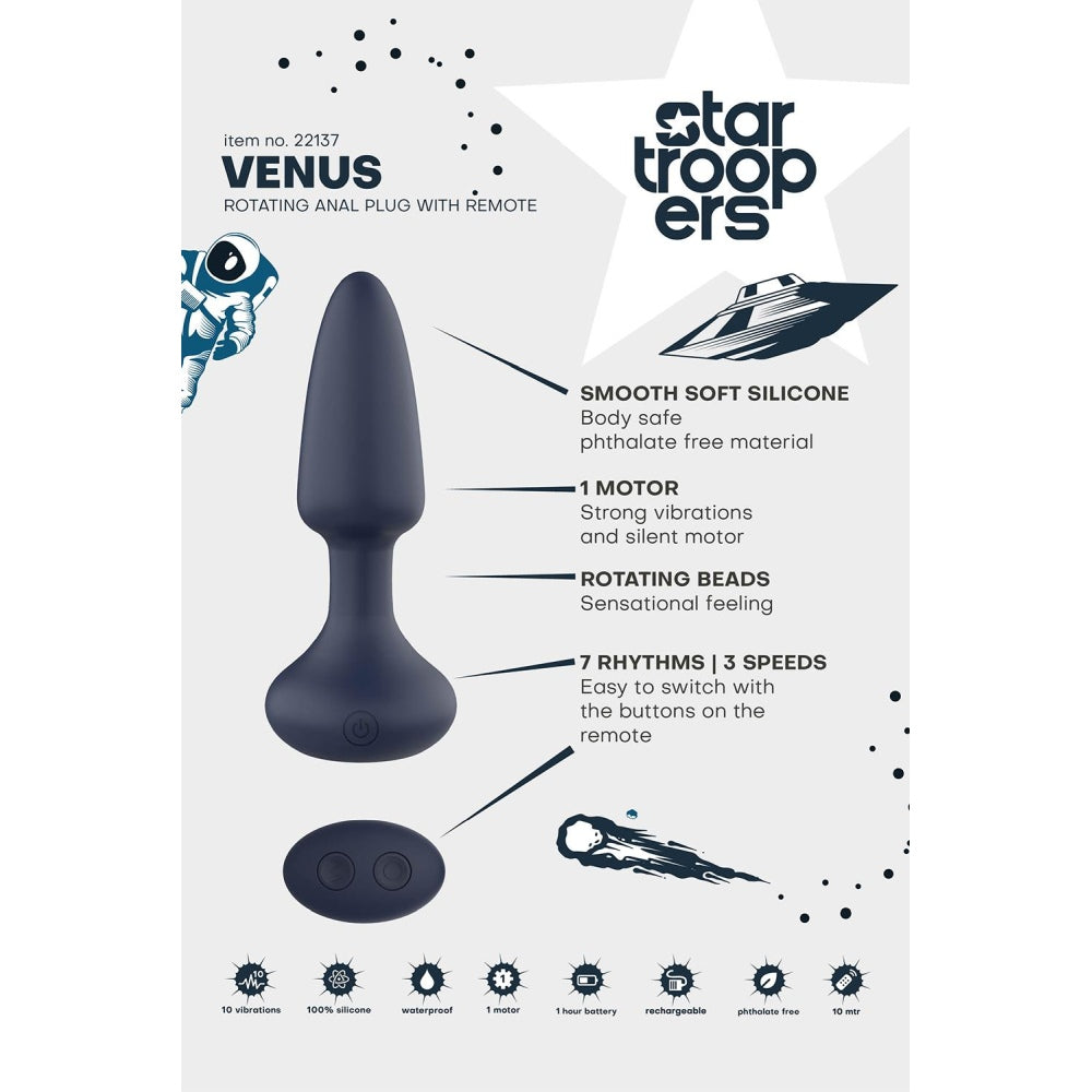 Dop Anal Vibrant Rotativ Dreamtoys Venus Rotating Anal Plug cu telecomanda, Mediu, Negru, 7 Moduri Vibratii, 3 Moduri Viteza, Impermeabil IPX6, 14.5 cm