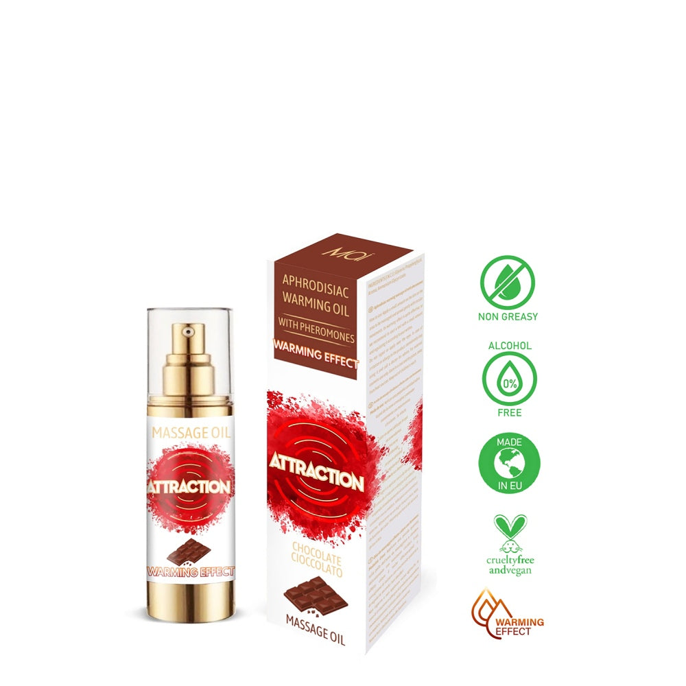 Ulei de Masaj Afrodiziac Mai Cosmetics 30 ml - formula comestibila cu gust de ciocolata - cu feromoni si efect de incalzire - flacon in forma de spray, ideal pentru calatorii