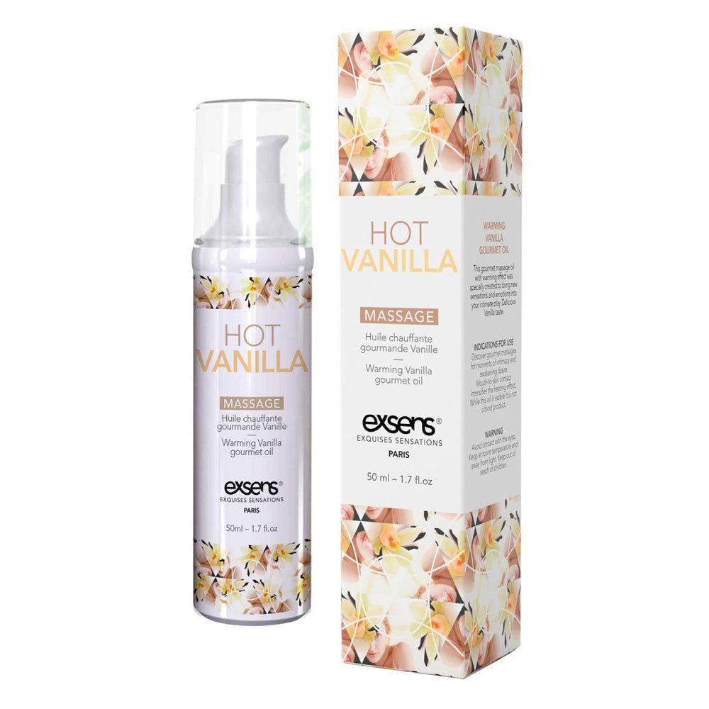 Ulei de masaj incalzitor Exsens Hot Vanilla 50 ml, natural, fara parabeni, pentru barbati, femei si cupluri, comestibil si sigur pentru corp