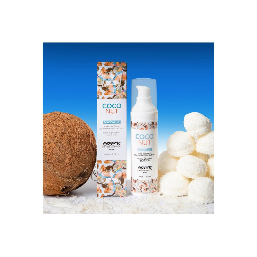 Ulei de masaj incalzitor Exsens Coconut 50 ml, natural, fara parabeni, pentru barbati, femei si cupluri, comestibil si sigur pentru corp