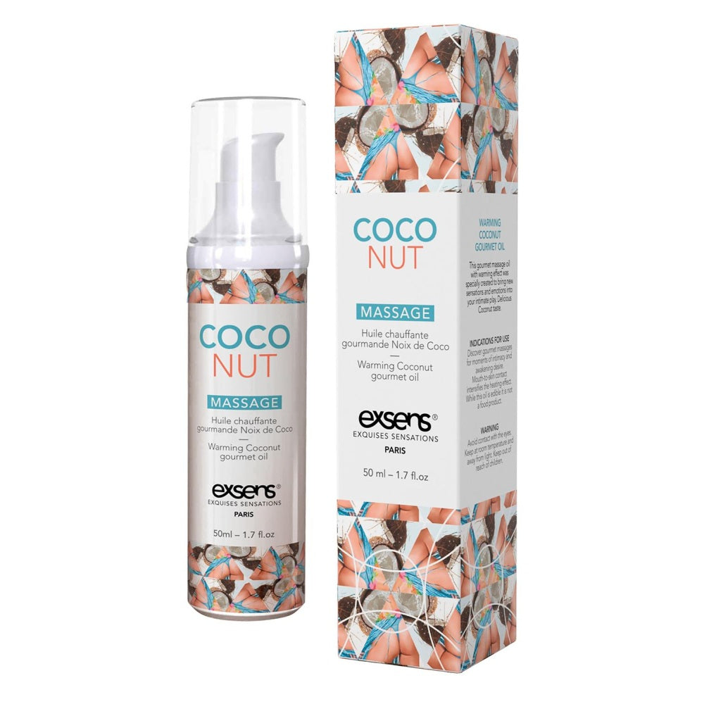 Ulei de masaj incalzitor Exsens Coconut 50 ml, natural, fara parabeni, pentru barbati, femei si cupluri, comestibil si sigur pentru corp