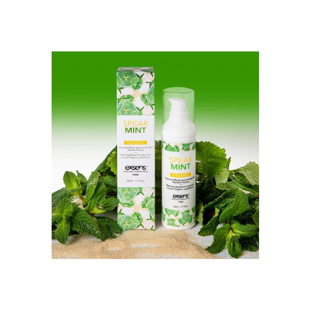 Ulei de masaj incalzitor Exsens Spearmint Organic 50 ml, organic, natural, fara parabeni, pentru barbati, femei si cupluri, comestibil si sigur pentru corp