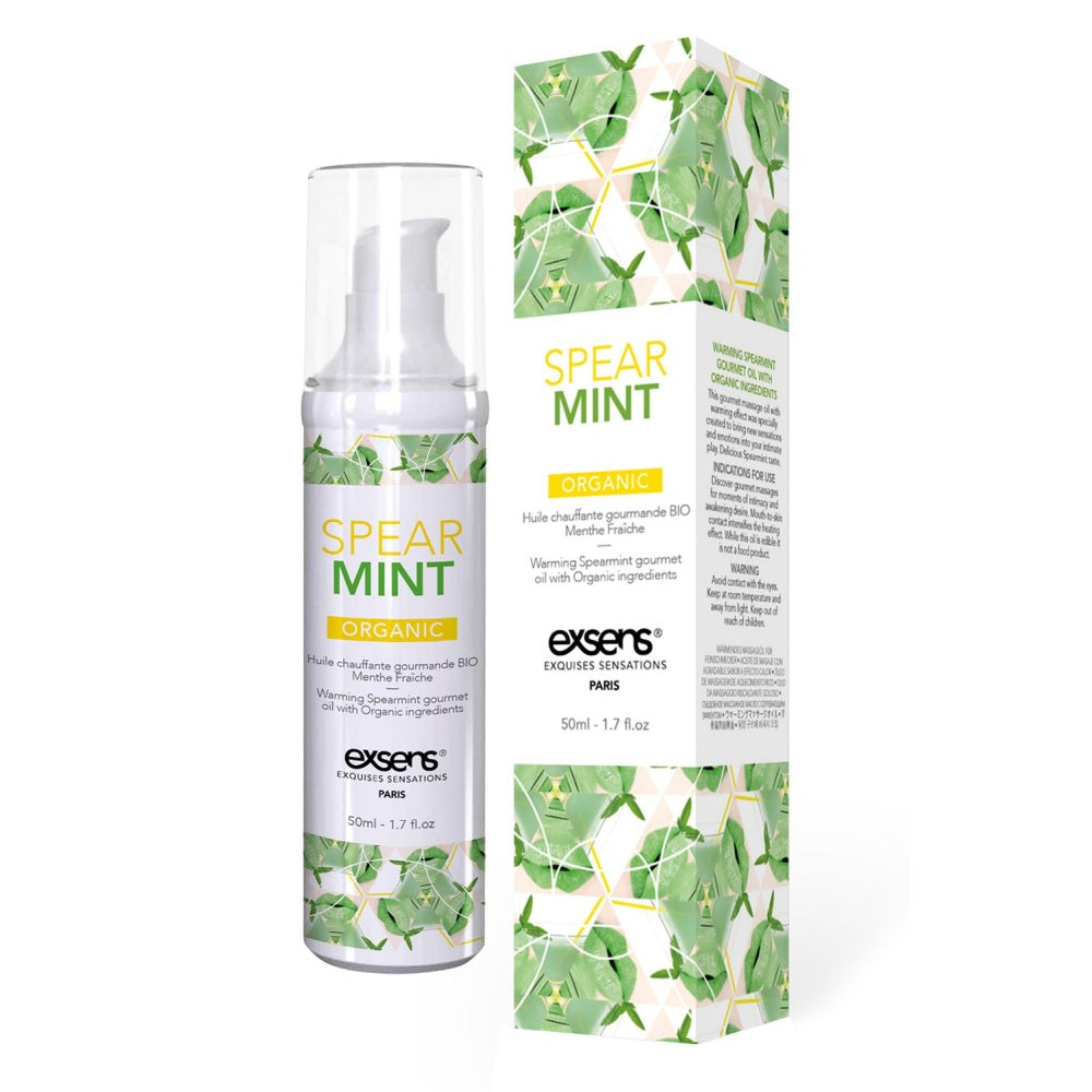 Ulei de masaj incalzitor Exsens Spearmint Organic 50 ml, organic, natural, fara parabeni, pentru barbati, femei si cupluri, comestibil si sigur pentru corp