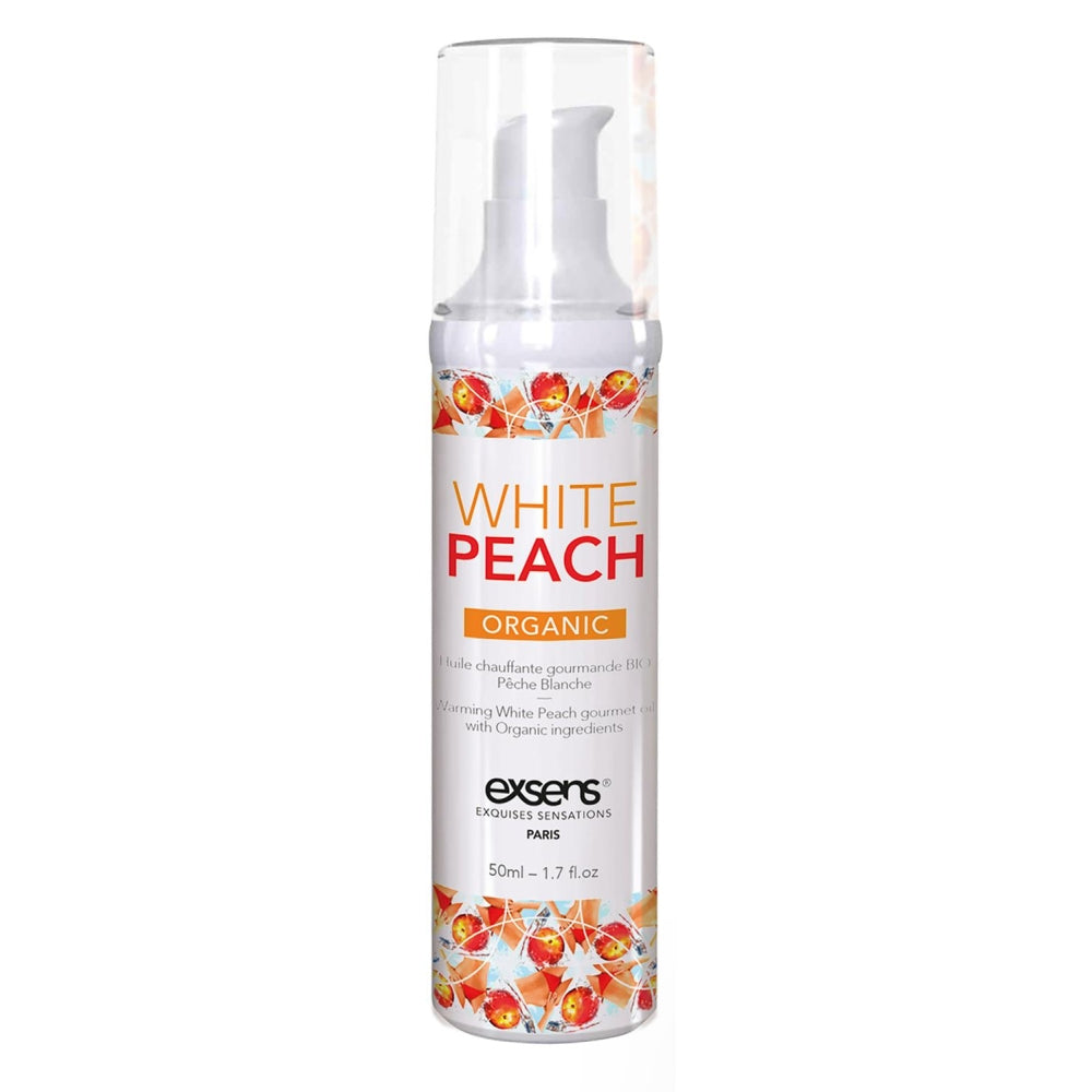 Ulei de masaj incalzitor Exsens White Peach Organic 50 ml, organic, natural, fara parabeni, pentru barbati, femei si cupluri, comestibil si sigur pentru corp