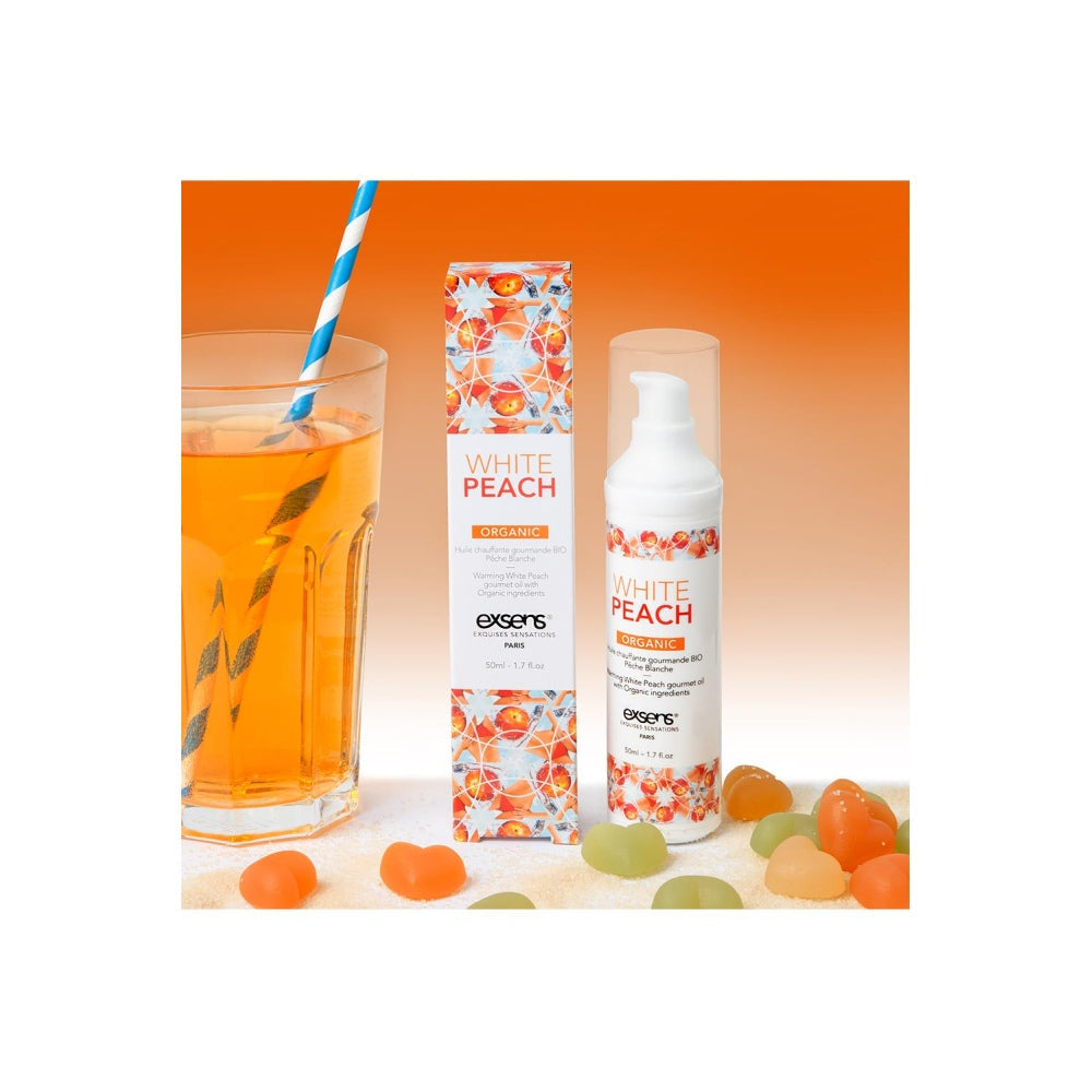Ulei de masaj incalzitor Exsens White Peach Organic 50 ml, organic, natural, fara parabeni, pentru barbati, femei si cupluri, comestibil si sigur pentru corp