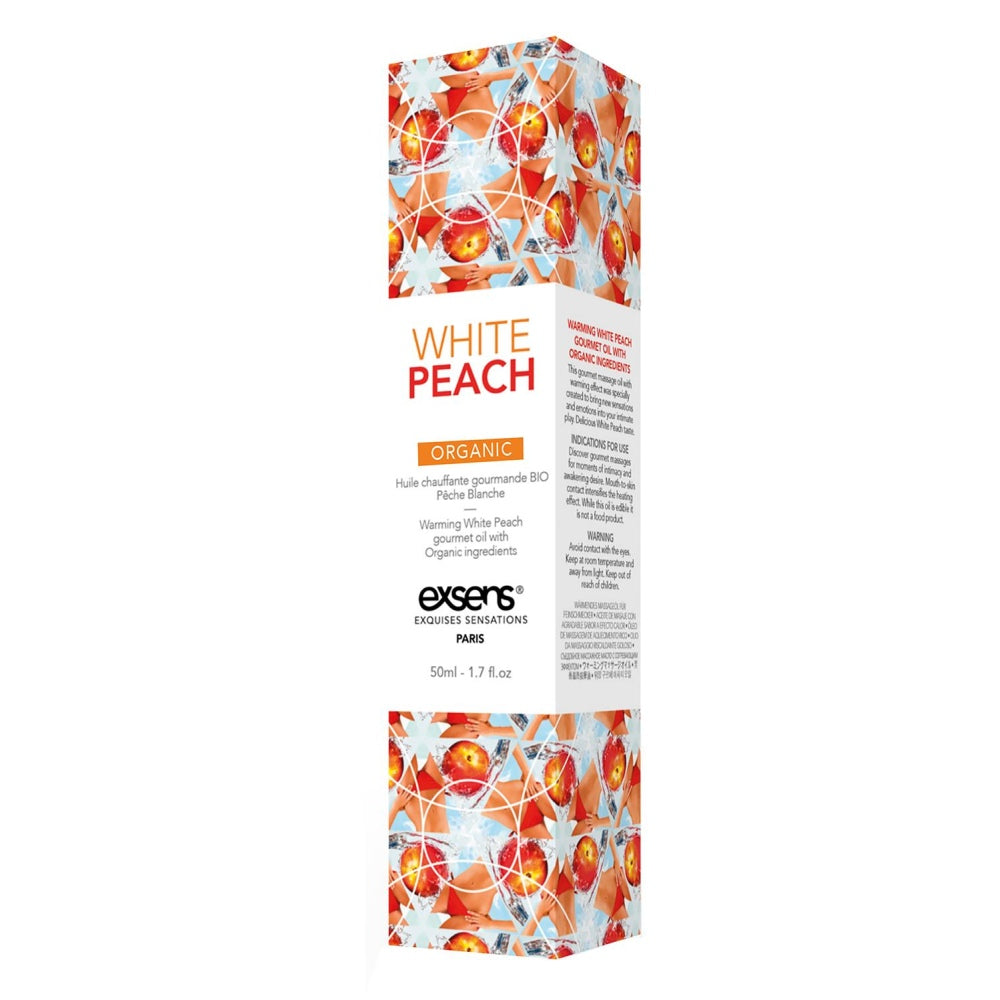Ulei de masaj incalzitor Exsens White Peach Organic 50 ml, organic, natural, fara parabeni, pentru barbati, femei si cupluri, comestibil si sigur pentru corp